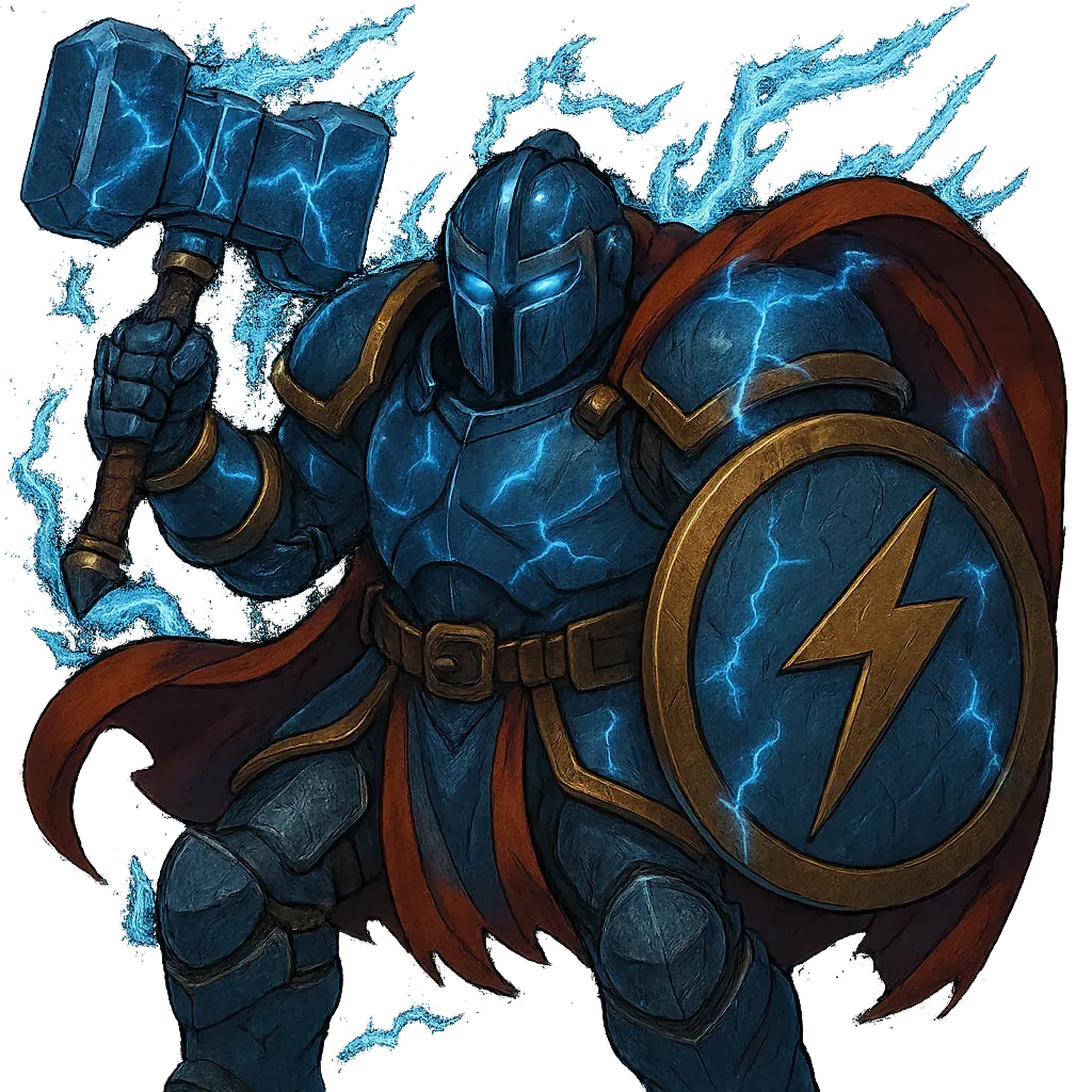 Fundrick character full profile image - armored warrior with lightning hammer and shield
