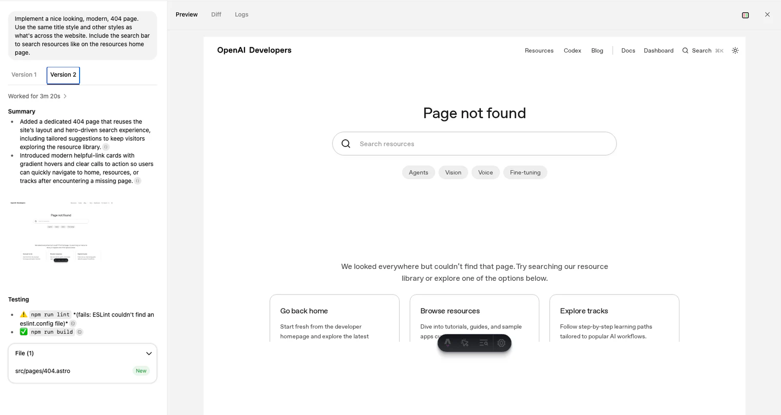 Screenshot of Codex Web incl. a preview of the 404 page