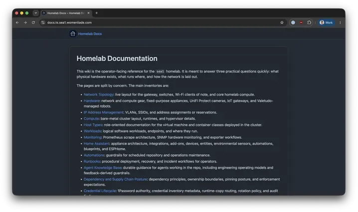 Dark-themed Homelab Documentation index describing an operator-facing reference for the sea1 homelab. Links cover network topology, hardware, IP address management, compute, host types, workloads, monitoring, Home Assistant, automations, runbooks, the agent knowledge base, dependencies, and credential lifecycle.