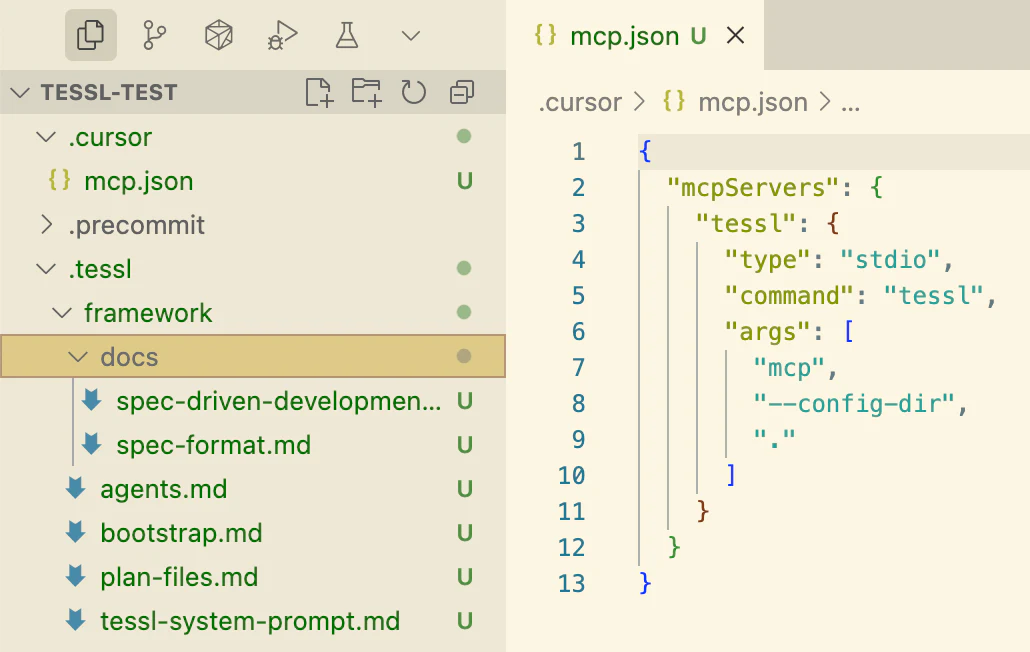Screenshot of Cursor, showing the files Tessl created in the file tree (.tessl/framework folder), and the open MCP configuration on the right, which starts the tessl command in MCP mode