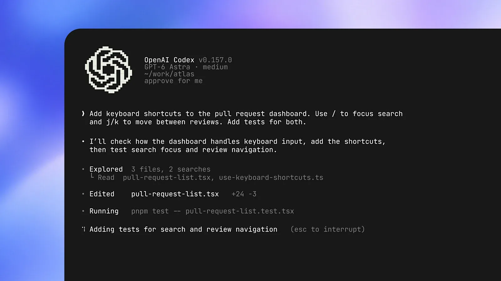 Окно Codex CLI: агент на GPT-6 Astra добавляет горячие клавиши в дашборд пулл-реквестов, правит файл и запускает тесты