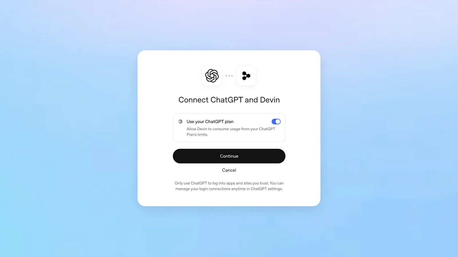 Окно Connect ChatGPT and Devin с переключателем, разрешающим Devin тратить лимит подписки ChatGPT