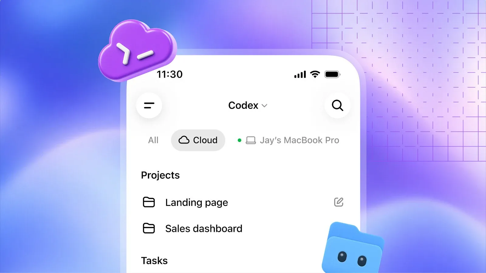 Мобильный интерфейс Codex: вкладки All, Cloud и ноутбук пользователя, под ними список проектов