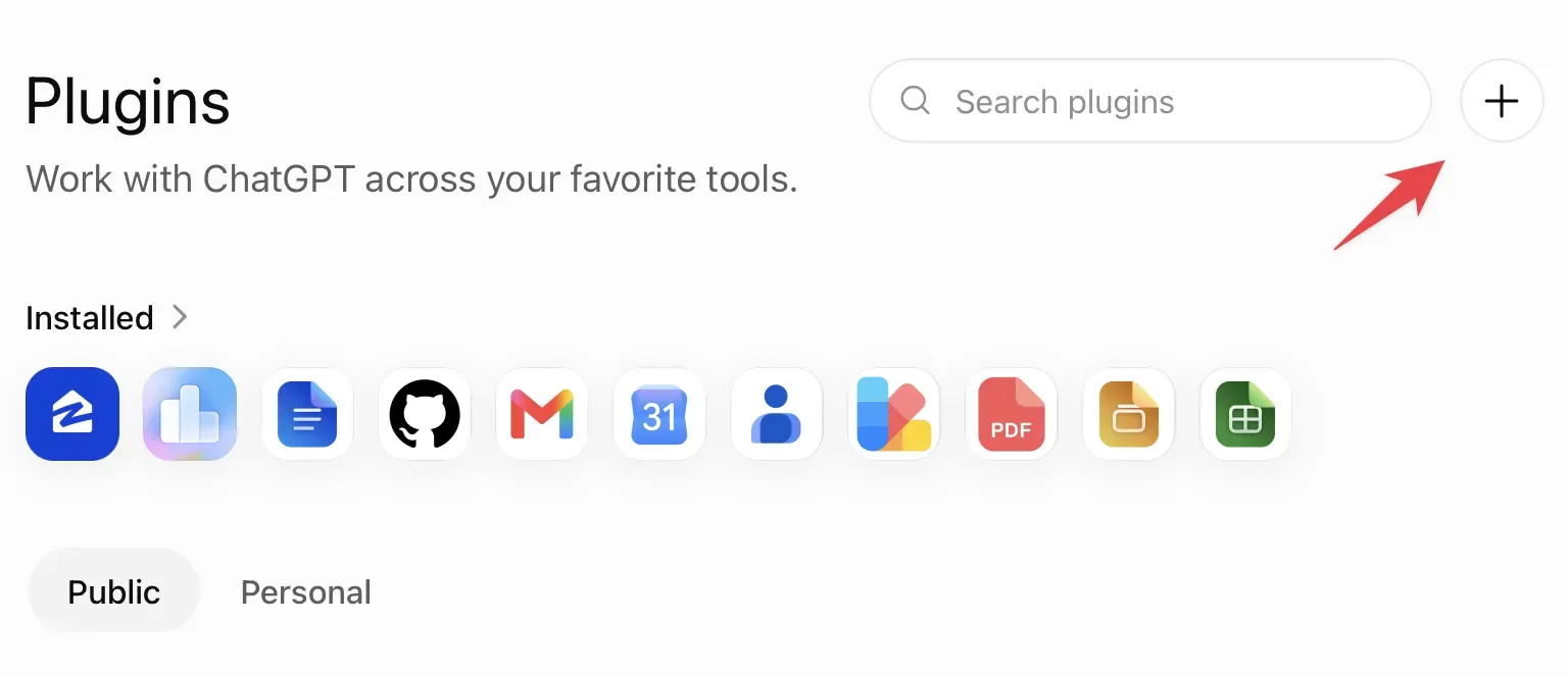 The ChatGPT Plugins page, subtitled "Work with ChatGPT across your favorite tools", with a row of installed plugin icons. A red arrow points at the + button in the top right next to the plugin search box.