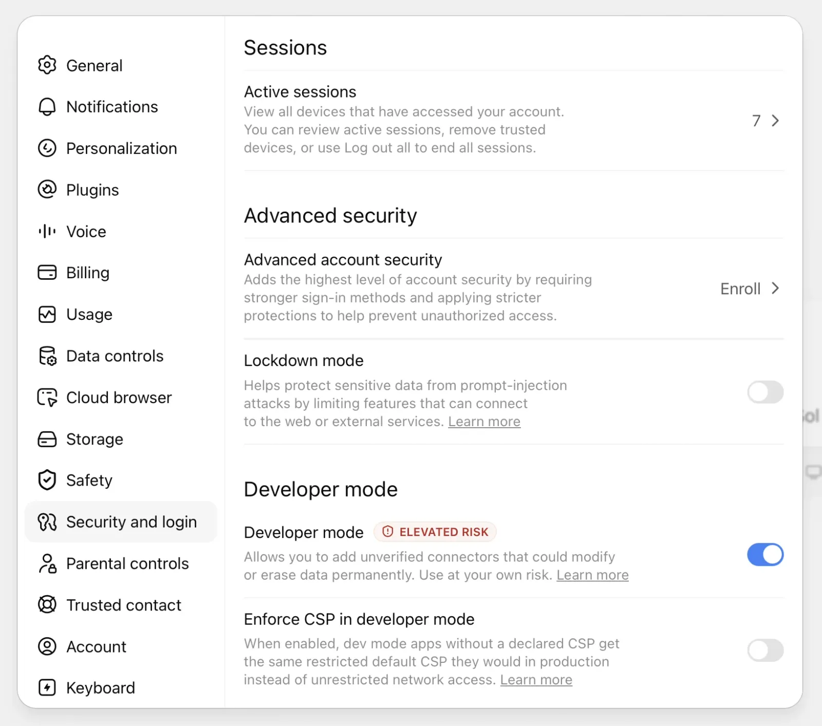 ChatGPT settings on the Security and login tab. The Developer mode section shows a Developer mode toggle marked "ELEVATED RISK" switched on, described as allowing unverified connectors that could modify or erase data permanently, plus an "Enforce CSP in developer mode" toggle that is off. Above it are Sessions and Advanced security sections including a Lockdown mode toggle.