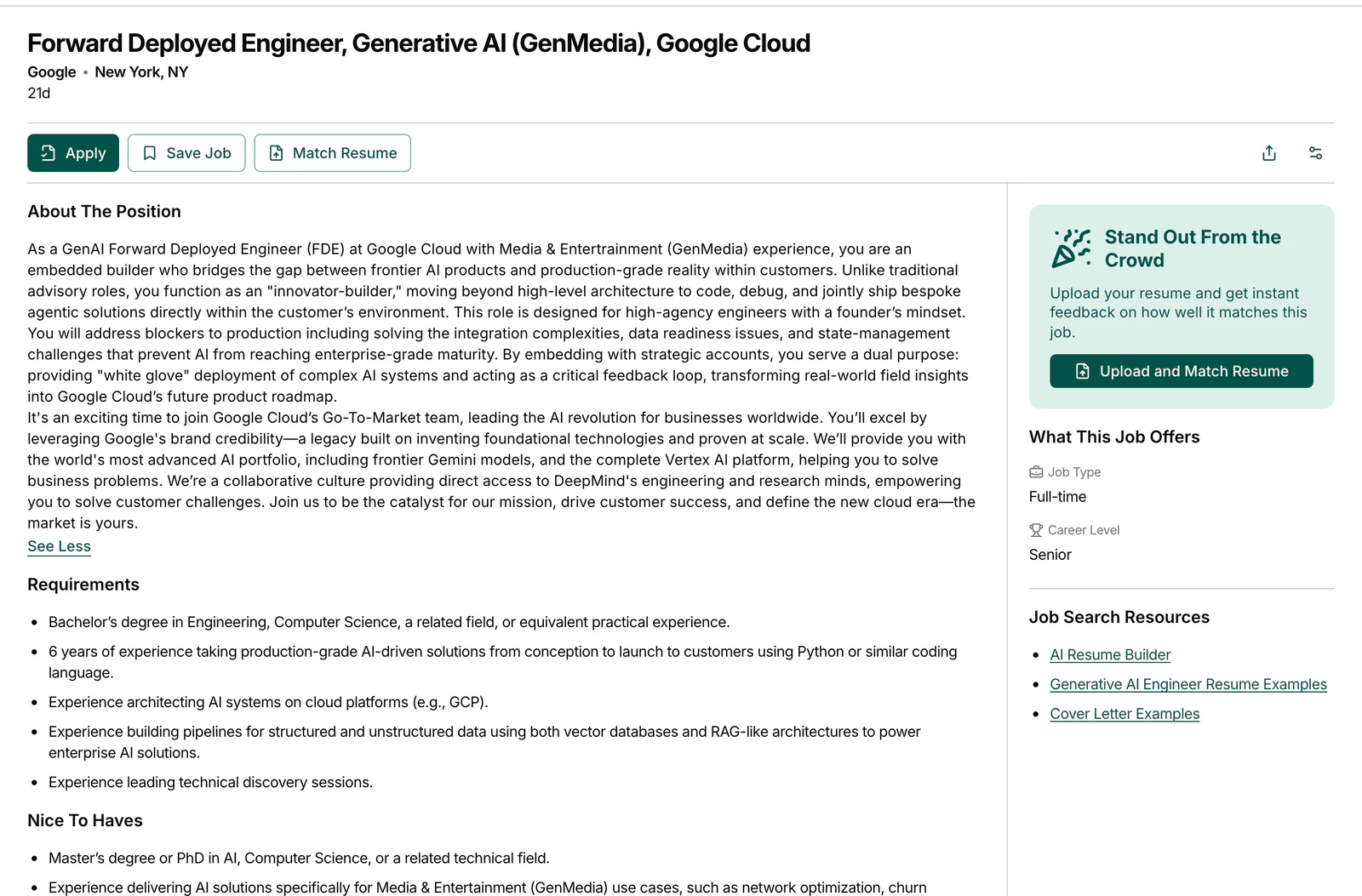 Google FDE JD 原文截图