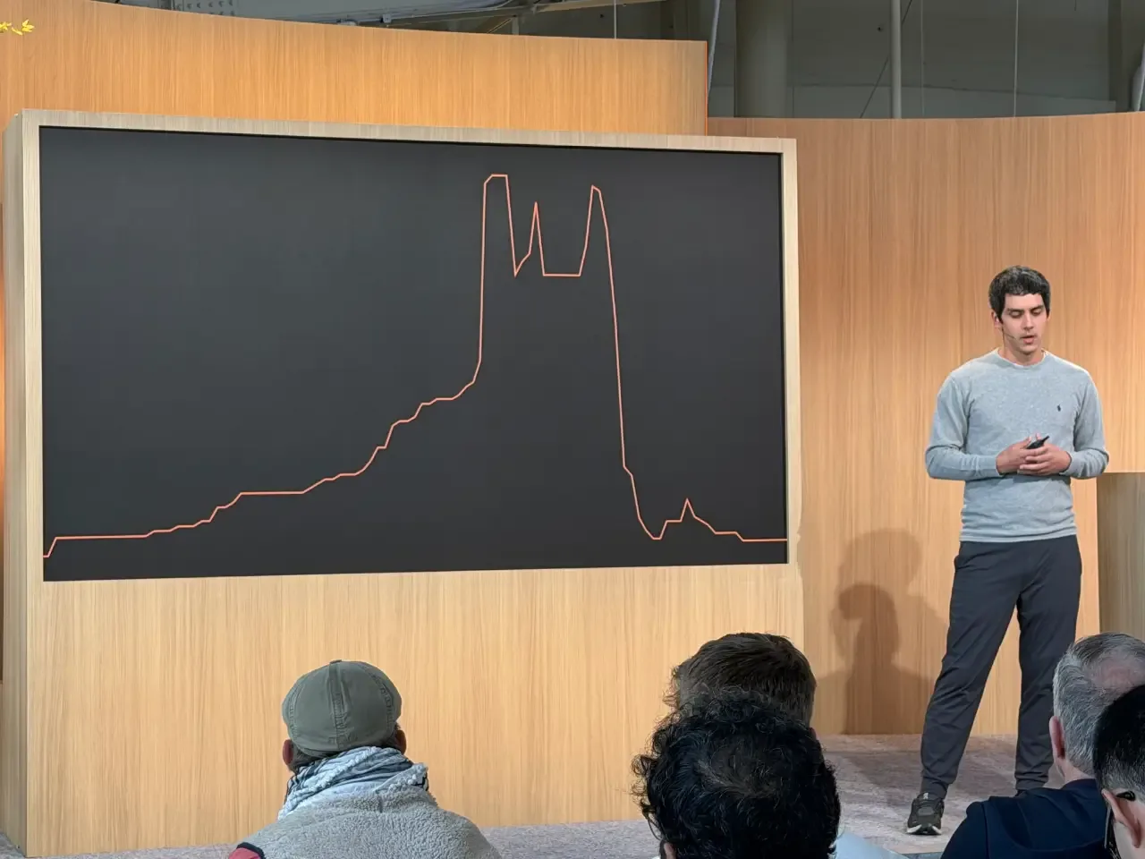A presenter stands beside a large black display showing a red line that rises gradually, spikes sharply into several peaks, then plunges and settles near the bottom. Audience members watch from the foreground in a wood-paneled auditorium.